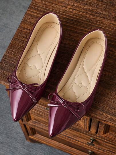Bowknot Flat Pointed Toe Burgundy Women's Slip-On Loafers, Casual Flats, Suitable For Work, Daily Wear, Dresses, Commute, Party, Wedding, Office In Spring And Summer