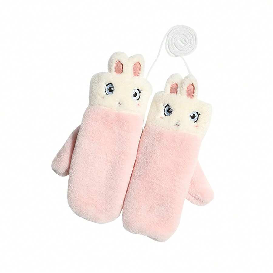 Women Winter Mittens With String Cute Rabbit/Panda Fleece Gloves Plush Warm Mittens For Cold Weather - Pink - View 1