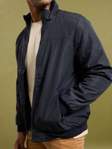 Men's Traditional High Collar Bomber Jacket With Cutouts - Navy Blue - View 3
