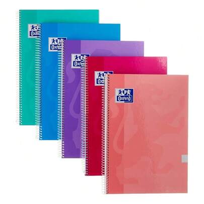  OXFORD - BLOC ESPIRAL 4MM PACK 4+1 OXFORD FOLIO A4 TAPA FORRADA EXTRADURA EN COLORES B ONITOS, Incluye pizarra blanca en el interior de las 2 tapas 80 H. 90 G. OXFORD CALIDAD DE CONFIANZA