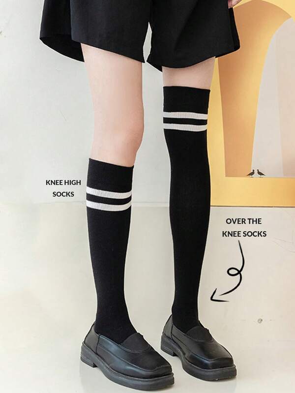 1/2 Pairs Women's Black Long & Short Socks Combo, Solid Color & Striped, High Elasticity Slimming, New Arrival For Autumn/Winter, Knitted Fabric, Japanese School Girl Style Thigh High Socks & Over-The-Knee Socks, Suitable For School, Commute, Home, Party, Date, Holiday Gift