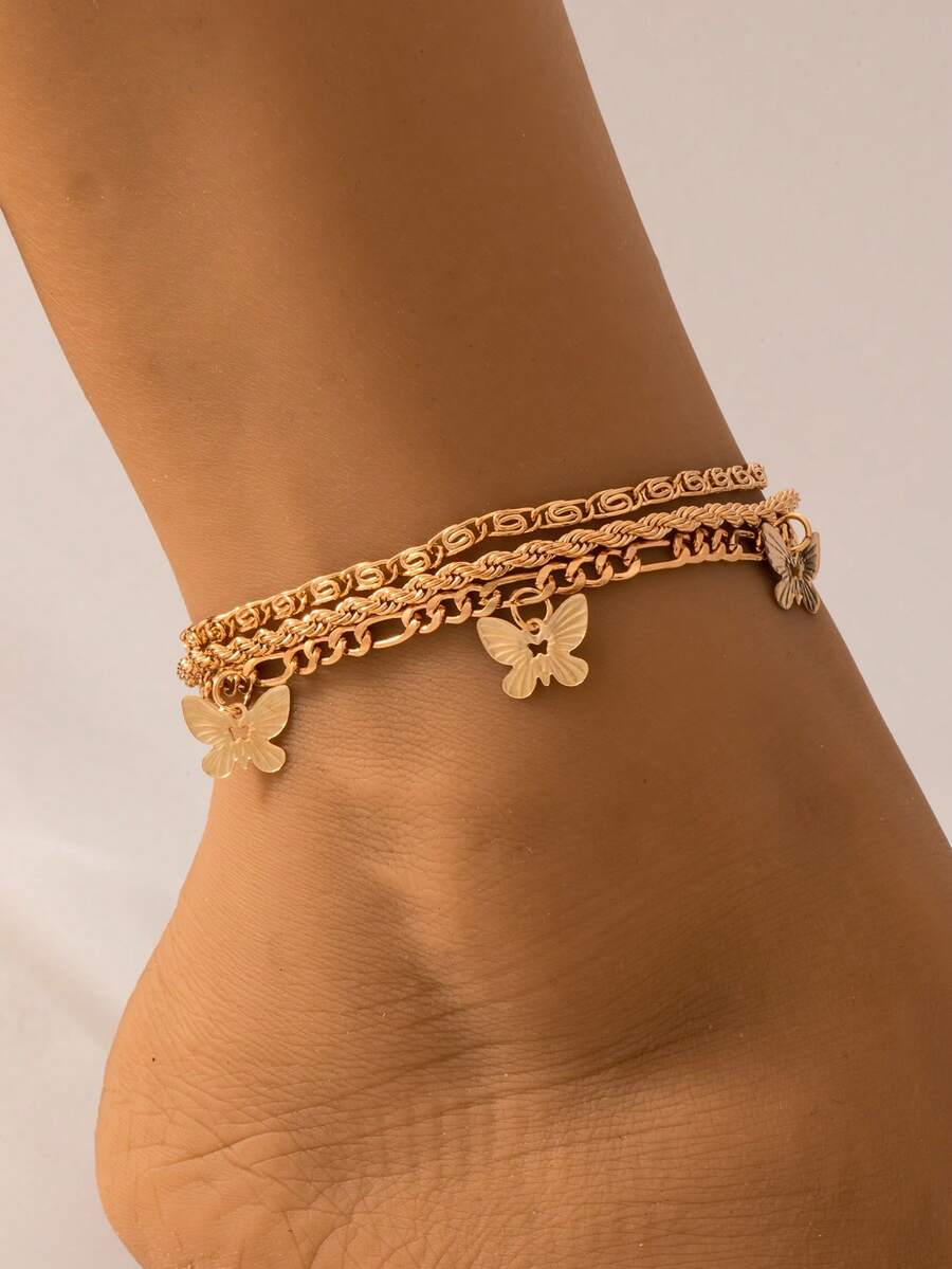 3pcs Set Minimalist Multi-Layer Metal Butterfly Pendant Anklet, Butterfly Braided Chain Anklet - Multicolor 1 - View 1