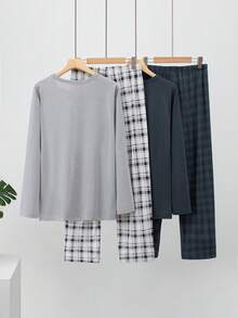 4 piezas Conjunto de pijama de manga larga para hombre, traje de ropa de estar por casa con estampado a cuadros