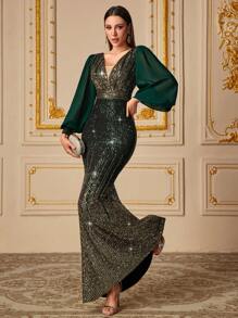 UNITHORSE Elegant V-Neck Chiffon Lantern Sleeve Ombre Sparkling Ruched Waist Bodycon Formal Evening Gown, Party Dress, Wedding Guest Dress, Evening Dress, Bride Dress, Birthday Women Outfits, Graduation Dress, Fall Women Clothes