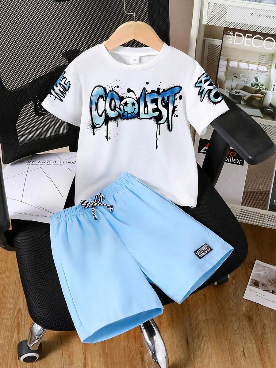 男童迷彩熊印花短袖T恤和短裤套装 - 藍色 - 查看 1