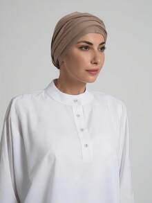 1pc Women's Versatile Classic Solid Color Headscarf Hijab, Adjustable Turban Style, Soft Comfortable Viscose Fabric, Suitable For Daily Wear, Sports, Yoga For Dress - Khaki - View 3