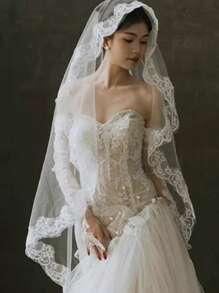 1 件新娘婚纱头纱，长蕾丝简约风格新娘面纱情人节情人节秋季女士服装