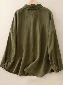 Plus Size Button Front Long Sleeve Woven Casual Shirt, Regular Fit - Army Green - View 4
