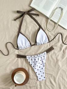 两件套几何图案和热带花卉印花休闲可爱优雅性感波西米亚风系带比基尼套装，女士沙滩度假泳装，春夏款 - 白色 - 查看 3