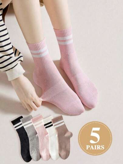 5 pares de calcetines de moda a rayas de unicolor para mujer, suaves, cómodos y transpirables, calcetines casuales de tubo medio, adecuados para uso diario | Calcetines de marinero a rayas de colores, adecuados para Halloween