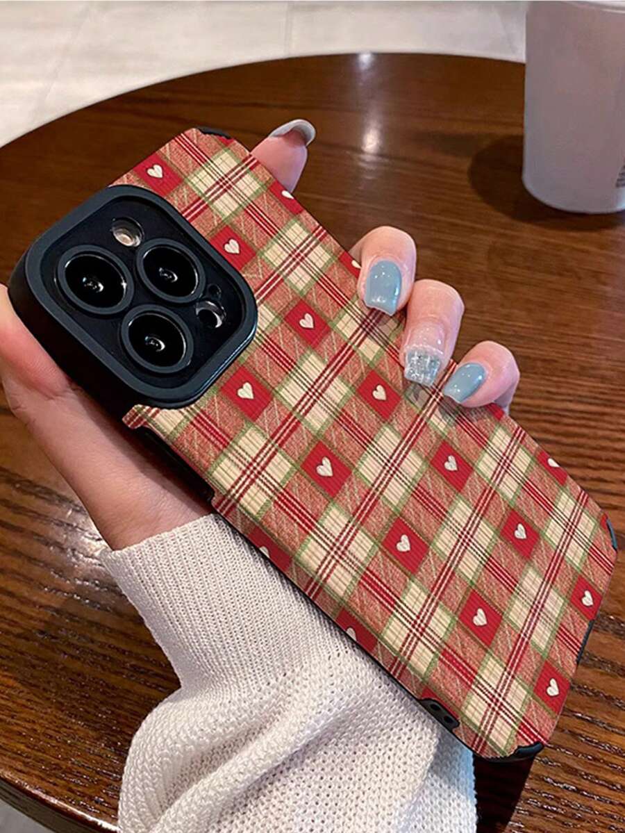 1pc Minimalist Fashion Red Plaid Heart Pattern PU Leather Phone Case Compatible With Samsung/ 11, 12 Pro Max, 14 Pro Max, 15 And Other Models - Multicolor - View 1