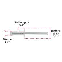 Remaches de aluminio, 3/16" x 3/8" y 1/2" - Ala 17/32" - Bolsa con 50 pzs - Ala Ancha - Ver 3