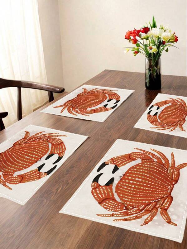 4 Pieces Sea Life Theme Placemats With Crab Pattern Farmhouse Heat Resistant Placemats Washable Easy Clean Decorative Table Mats For Patio Round Table Party Kitchen Home Table Tea Party Table Suitable For Indoor And Outdoor Dining, Party, Holiday Decoration, Suitable For Dining Table And Banquet