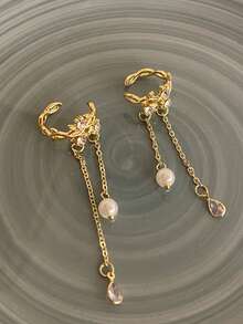 Andkiss 1pc Leaf Tassel Clip-On Earring, Casual Fashion Versatile Accessory (Note: Pendant Comes In 2 Random Styles) - Right Ear - Single - View 2