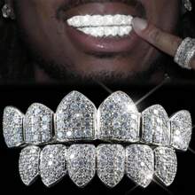 2PC Rapper Grills Set – Bling Bling Cubic Zirconia Tooth Caps For Cosplay Queens. Turn Yellow Teeth Into Icy Bling Instantly. - 白色 - 查看 4