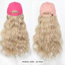 Bright Pink Baseball Cap With Attached Long Curly Wig, Synthetic Fiber Wig, Adjustable Hat For Women - Multicolor - View 5