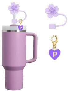 2pcs/Set Heart & Letter Hawthorn Flower Straw Topper, Silicone Hawthorn Flower Reusable Straw Topper For Large 10mm Straws, Cute Letter Accessory Suitable For Modern Minimalist Glass Cups, Mother's Day Gift - Purple - View 16