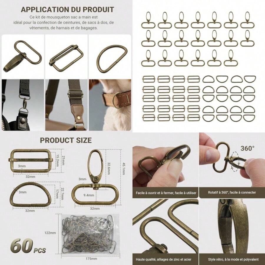 Pack Of 60 Carabiner Hooks With Swivel D Ring Sliding Buckle Belt Slider Metal Carabiner Key Ring Set For DIY Bag Strap Shoulder Strap Dog Collars Sewing Accessories