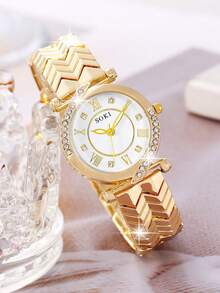 SOKI SOKI 母亲节礼物，女士手表套装，1套，优雅休闲风格，时尚精致，石英表套装，表盘精美，包含吊坠项链、耳环、戒指和手链，适合日常佩戴、生日礼物、返校季礼物、感恩节礼物和浪漫场合礼物，完美之选（不含礼盒） - 金色 - 查看 4