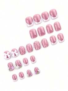 Instantly Upgrade Your Look With 24pcs Short Square White French Style Sweet 3D Pink Floral Petal&3D Bow-Knot Laser Glitter  Rhinestone Nail Charms Homemade Full Cover Fake Press On Nail Kit Suitable For Daily Spring Will Give Your Look A Romantic