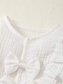 MommBaby Baby Girls' Romper With Bow, Ruffle Trim, Button Front, Long Sleeve, Simple Casual Christening Outfit