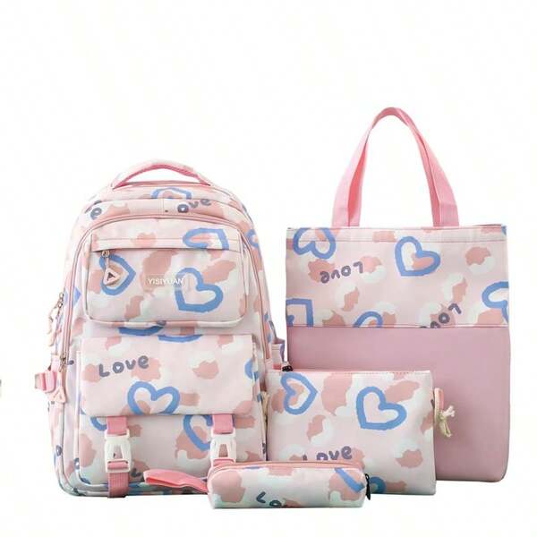 Set de 4 mochilas con estampado de corazón, de moda y versátiles, adecuadas para niñas