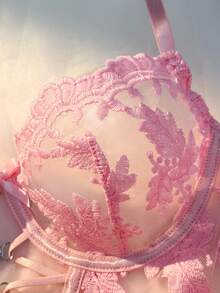 Sweet Pink Floral Embroidery Sexy Lingerie Set, Semi-Sheer Underwire Bra And V-Neck Adjustable Thong, Bold Feminine Charm With Heart Clasp Front Single-Layer Crop Top And Panties, Shapewear And Everyday Intimates - 粉色 - 查看 4