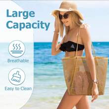 Geantă de plajă ușoară și respirabilă, cu o capacitate mare de peste 11 kg - Geantă de plajă din plasă, design cu buzunare multiple, pliabilă, rezistentă la decolorare, cu curea de agățare, potrivită pentru piscină, călătorii, cumpărături, stil casual, esențială pentru vacanța de vară