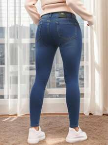 Jeans Dama Skinny Mezclilla Stretch Tiro Alto Básico Curvy - Azul - Ver 2