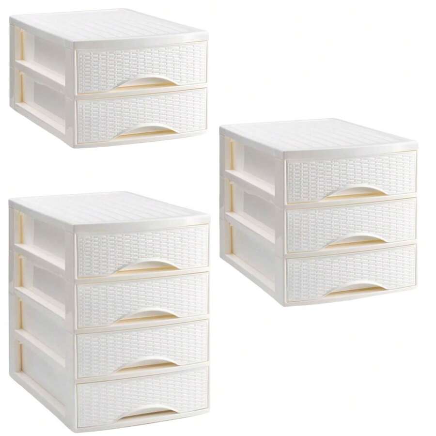 Zylx shopping - Cajonera de Sobremesa Efecto Ratán de Plástico | 2, 3 o 4 Cajones - Organizador de Escritorio con Cajones - Blanco - Ver 1
