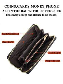 男士 PU 皮革拉链长钱包 - 12 个卡槽 + 手机袋、RFID 屏蔽、腕带、纤薄商务手拿包（黑色） - 黑色 - 查看 5