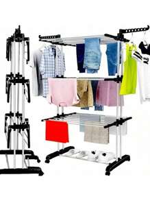 SUSZARKA DO PRANIA DUŻA XXL NA UBRANIA I BIELIZNĘ STOJĄCA SKŁADANA CZARNO-niebieski balkon, pralnia, wolnostojąca pionowa 'Suszarka do ubrań, składana suszarka do ubrań ze stali nierdzewnej, mobilna suszarka do ubrań, z 4 kółkami, drążki do suszenia ubrań, ubrania, suszarka' 4-poziomowa, na kółkach, regulacja szerokości, składane skrzydła, suszarka do ubrań, wieszak na ubrania.