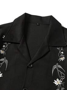 极简刺绣衬衫，对称花卉刺绣，鸽子花衬衫，休闲装，男士衬衫 - 黑色 - 查看 3