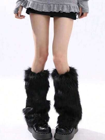 1 Pair Y2K Fuzzy Leg Warmers, Solid Color, Fashionable Women's Leg Warmer, Stylish Accessory | Bright Appearance | Fluffy Appearance, Comfortable Socks, 1 Piece Solid Color Faux Fur Leg Warmers, Women's Warm Fuzzy Boot Covers, Thigh High Socks, Gothic Style, Cute Socks, Fuzzy Socks, Valentine's Day