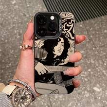 Black Tone Guitar Girl Pattern Phone Case, Personalized Compatible With IPhone 16 Pro Max, 15/14 Plus, 13, 12, 11 Protective Cover - Black Frame, Sand Grey - View 2