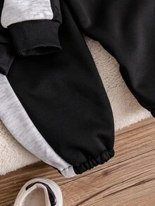Bhchntiy 2 件套男宝宝秋冬新款爸爸的汽车字母印花拼布撞色圆领卫衣和松紧腰纯色裤子休闲时尚套装 - 黑色 - 查看 6