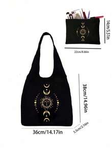 太阳月亮星星印花帆布单肩包、印花黑色背心手提包和黑色小包、情人节礼物、女伴娘个性化婚礼礼品袋、化妆包、旅行简易收纳袋