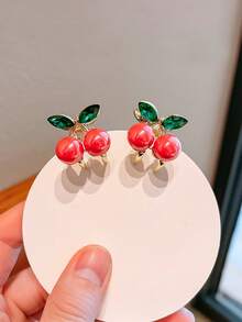 4个/2个/1个优雅合金樱桃发夹，可爱水晶发饰，时尚迷你刘海夹，女士发夹套装，适合日常佩戴、节日礼物、返校季、各种场合，头部饰品，发夹 - 紅色 - 查看 4