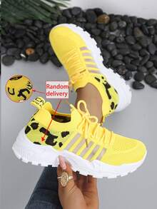 2025 New Fashion Women's Leopard Print Sneakers, Breathable Lace-Up Casual Thick Sole Running Shoes, Versatile Classic Breathable Shoes, Plus Size White Athletic Shoes - Yellow - View 3