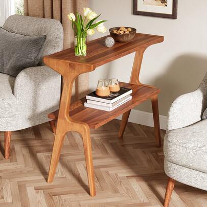 LITTLE TREE 2-Tier Side Table, Mid-Century Modern End Table With Solid Wood, Modern Tall Couch Coffee Table With Storage Shelves, Farmhouse Skinny Bedside Table, Living Room Table For Sofa, Living Room, Bedroom, Cherry Brown
