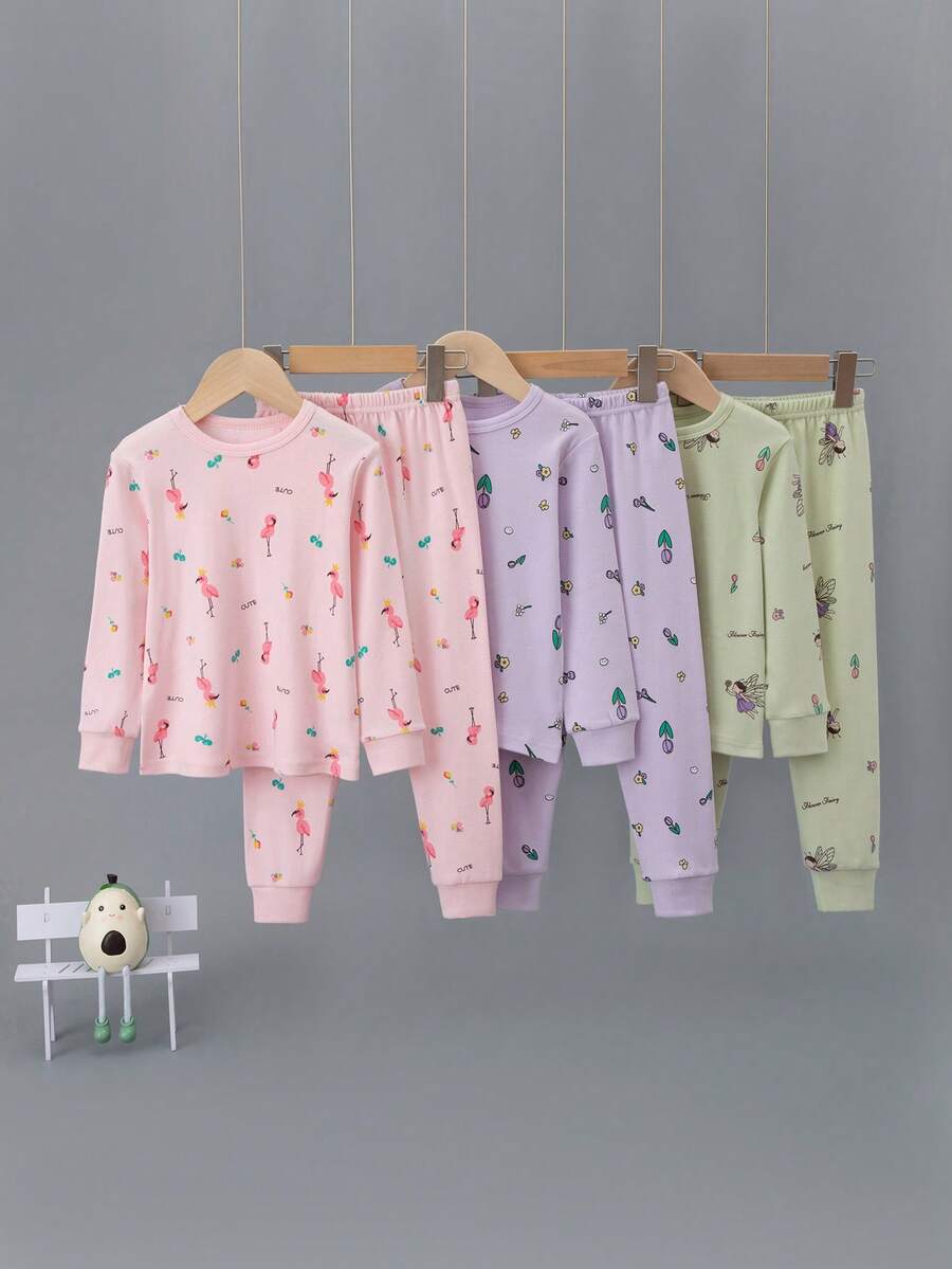 6件套女童卡通纯棉内衣套装，可爱汽车印花加厚长袖上衣和长裤睡衣套装，秋季卡通印花纯棉睡衣 - 彩色 - 查看 1