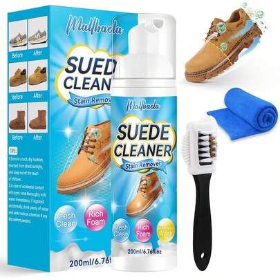 Mallbaola Suede And Nubuck Cleaner, 200ml Suede Cleaner With Suede Brush, Shoe Cleaner Removes Dirt & Stains, Trainer Cleaner Kit For White Shoes, Knit, Boots, Sneaker, Leather, Suede, Nubuck Cleaner
