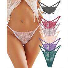 7 Pack Thong For Women Lace Underwear Stretch T-Back Tangas Low Hipster Panties S-XL