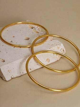 1/3 件套传统简约素色不锈钢 18K 镀金手镯，男女皆宜