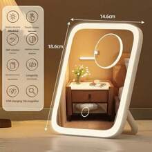 Make-upspiegel met ledverlichting, draagbare reisspiegel, opvouwbare spiegel met verstelbare standaard, 3 kleurstanden, verlichte kaptafelspiegel, slim dimbaar touchscreen, kaptafelspiegel voor kaptafel, slaapkamer, kleedkamer, spiegel met 360° rotatie, USB-oplaadbaar voor op het bureau, Valentijnsdag, Moederdag, cadeau voor meisjes, afstudeercadeau
