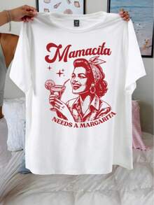 Camiseta manga corta grafico mujer con bebida texto mamacita need a margarita cuello redondo estilo moderno casual - Blanco - Ver 1