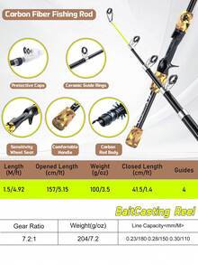 SOUGAYILANG 伸缩式鱼竿和渔轮套装 - 1.5米抛竿和7.2:1速比路亚轮，便携式旅行套装，适用于沿海和淡水垂钓 | 理想的新手礼物，包含各种颜色的鱼线和鱼饵配件 - 金色 - 查看 7