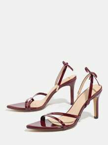 Jin Bei Qi 女士金属带后系带蝴蝶结尖头细高跟凉鞋，优雅奢华时尚派对宴会风格，酒红色高跟鞋