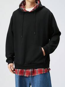 Felpa con cappuccio nera oversize, casual a quadri 2 in 1, adatta per primavera e autunno