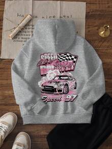 1pc Tween Girl Casual Racing Car Print Pullover Sweatshirt, Loose Fit, Warm Thermal Lining, Suitable For Students And Young People, Autumn/Winter - Grey - View 3